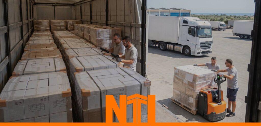 Caricamento di merci su un camion NTI per la pianificazione delle spedizioni estive ad agosto.